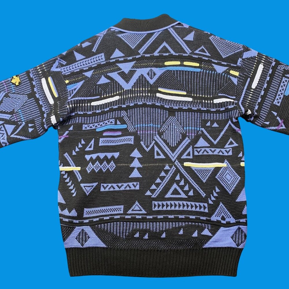 Vintage Descente Pullover Sweater Mens Medium Black & Blue Geometric Wool Blend - Picture 3 of 12